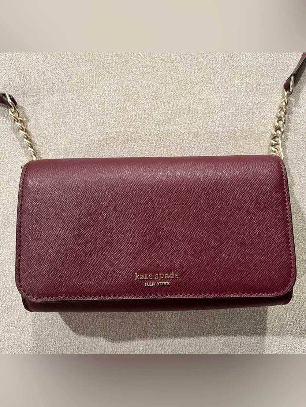 Kate Spade New York Burgundy Wallet Crossbody Bag Saffiano Leather Chain Strap